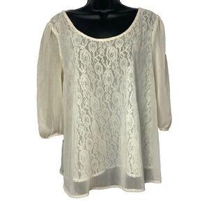 Altar'd State Cream Ivory Sheer Floral Lace Top Scoop Neck‎ Size Medium V Back